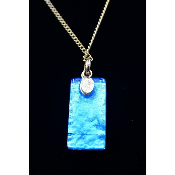 Artisan Handblown Glass Pendant Foil Blue Flower Rectangle Gold Tone Chain BinM - Picture 6 of 12